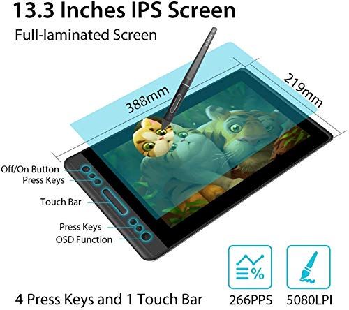 HUION KAMVAS PRO 13 HD 13.3 in grafiktablett mit Display mit Neigungsfunktion Batterieloser Stift mit 8192 Druckempfindlichkeit und 4 Express Keys 1 Touch Bars Grafiktablett mit Bildschirm 
